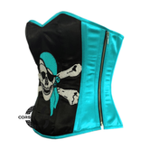 Baby Blue and Black Satin Pirate Sequins Hand Work Costume Bustier Steampunk Waist Cincher Overbust Top